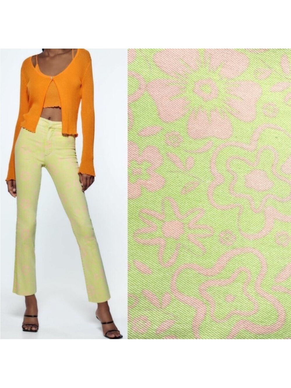 ZARA High-Waist Floral Printed Cropped Flare Groovy Retro Jeans Washed Green-6